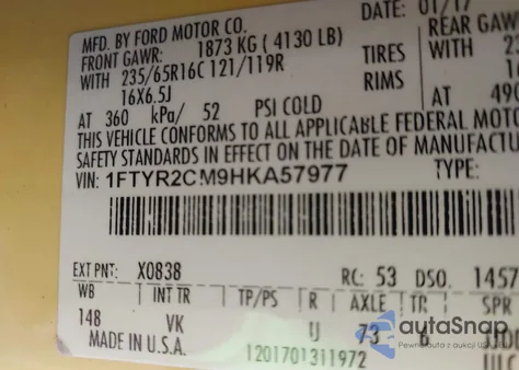 2017 Ford Transit-250 z USA, uszkodzony, nr VIN 1FTYR2CM9HKA57977